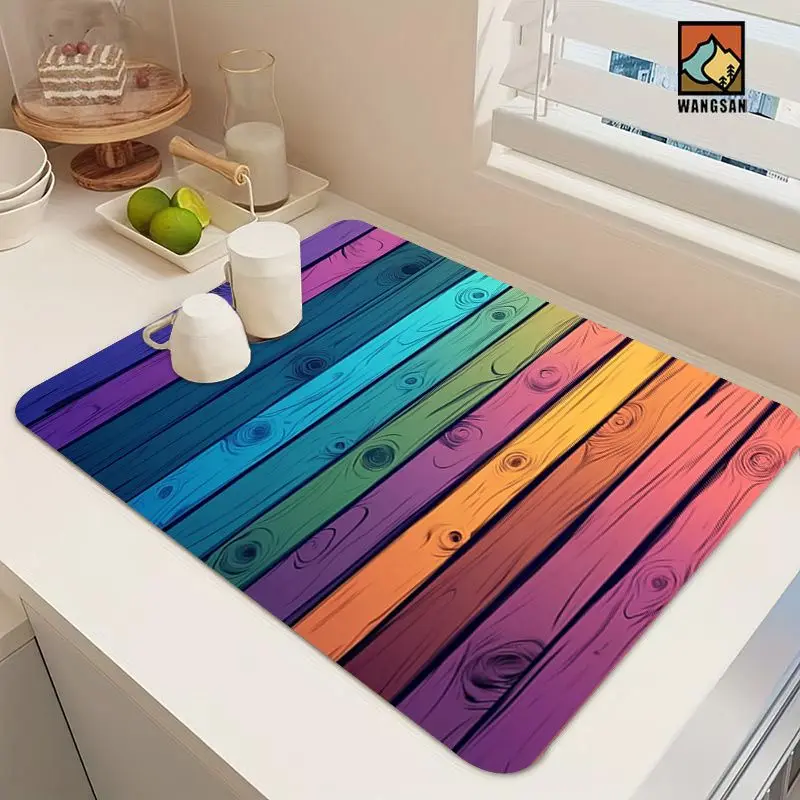 VIKAMA Retro Rainbow Wood Print Diatomite Draining Mat Super Absorbent Non Slip Coffee Maker Glass Counter Pad Kitchen Accessory