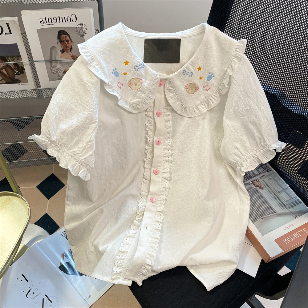 

Japanese Preppy Style Cute Embroidery Peter Pan Collar JK Shirt for Women Summer Sweet Lotus Leaf Edge Short Sleeve Blouse Women