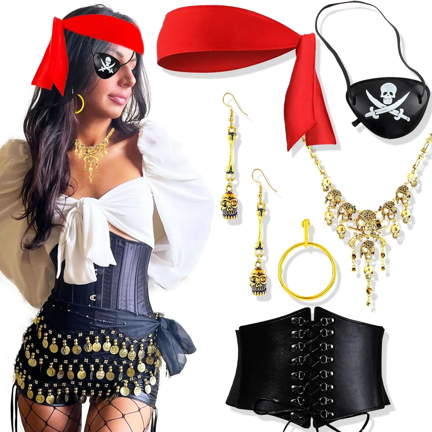 

Laventy Pirate Costume Accessories Set Pirate Headband Wrap Eye Patch Earring Necklace Waist Belt Captain Pirate Costume