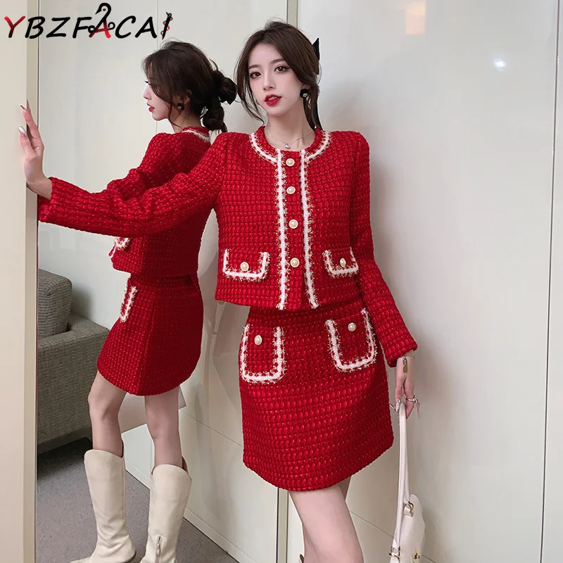 2022 Red Check Tweed Set Women Fall Winter Luxury O Neck Long Sleeve Tweed Jacket + High Waist Skirt Two Piece Pearl Fringe Coat