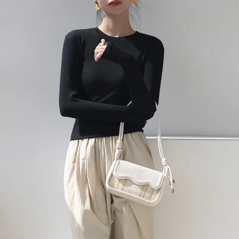 Cotton O Neck Long Sleeve Shirt Women Sexy Cropped Tops 2024 Autumn Black Casual Skinny Slim Basic Woman T Shirts White Clothing