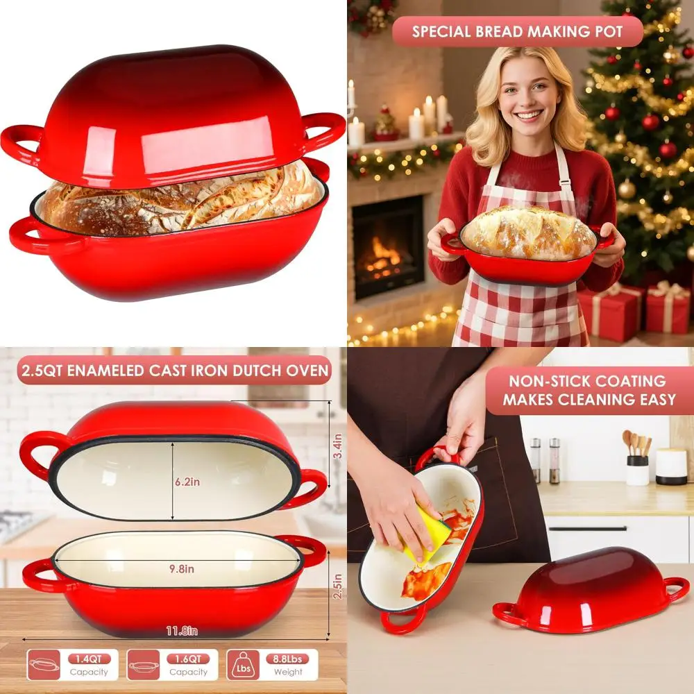 

Red 2.5-Quart Enamel-Coated Cast Iron Dutch Oven for Sourdough Bread, Oven-Safe Non-Stick Pot with Lid