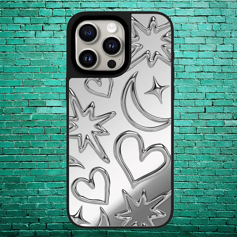 

Line Stars Moon Mirror Surfafce Magnetic Phone Cover with Silver Butterfly Design for IPhone 12 - 17 Pro Max