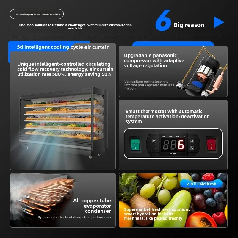 Air curtain cabinet, fruit fresh-keeping cabinet, air-cooled commercial refrigerated display cabinet