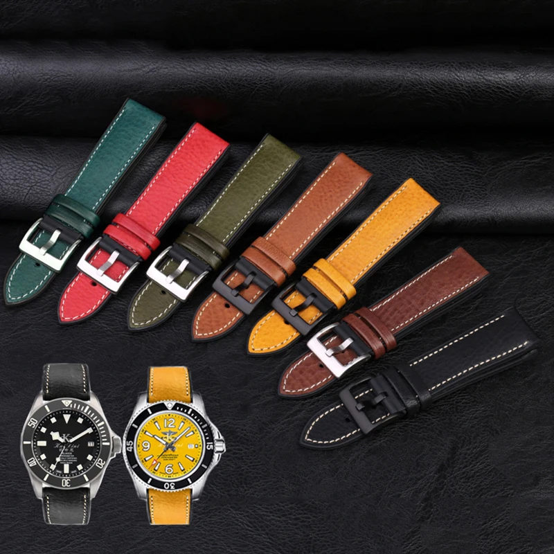 20mm 22mm Italian Leather + Silicone Bottom Watchband For Omega Strap Hamilton Tudor Breitling Rubber Waterproof Watch Bracelet