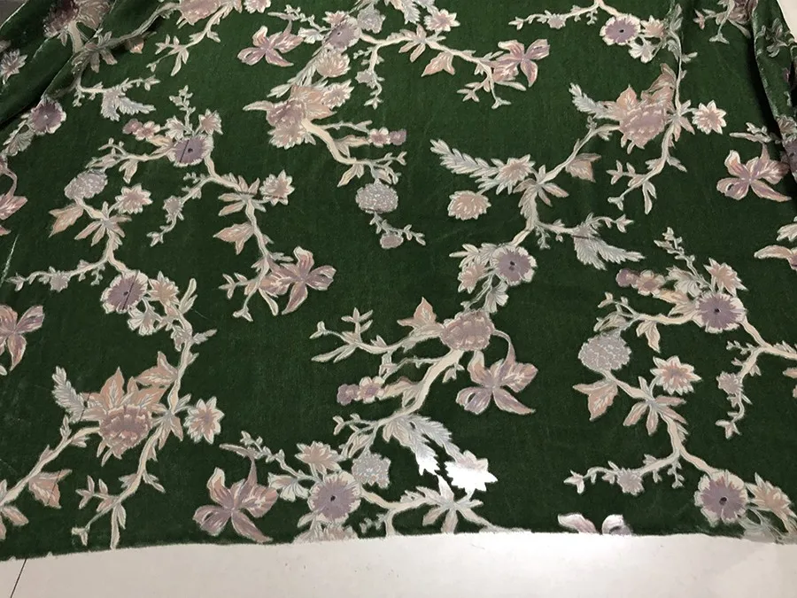 High Quality Real Silk Gold Velvet Fashion Green Bottom with Small Flowers Hollow out Etched-out Fabric Dress Cloth