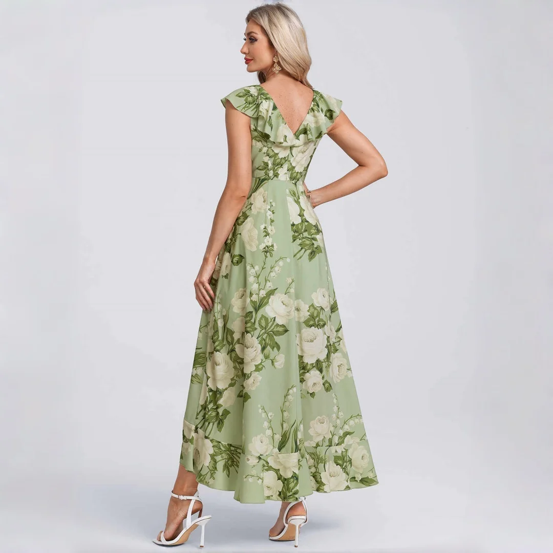 Women Sage Green White Floral Dress V Neck Ruffle Cap Sleeve High Low Asymmetrical Garden Wedding Guest Summer Vacation Dress