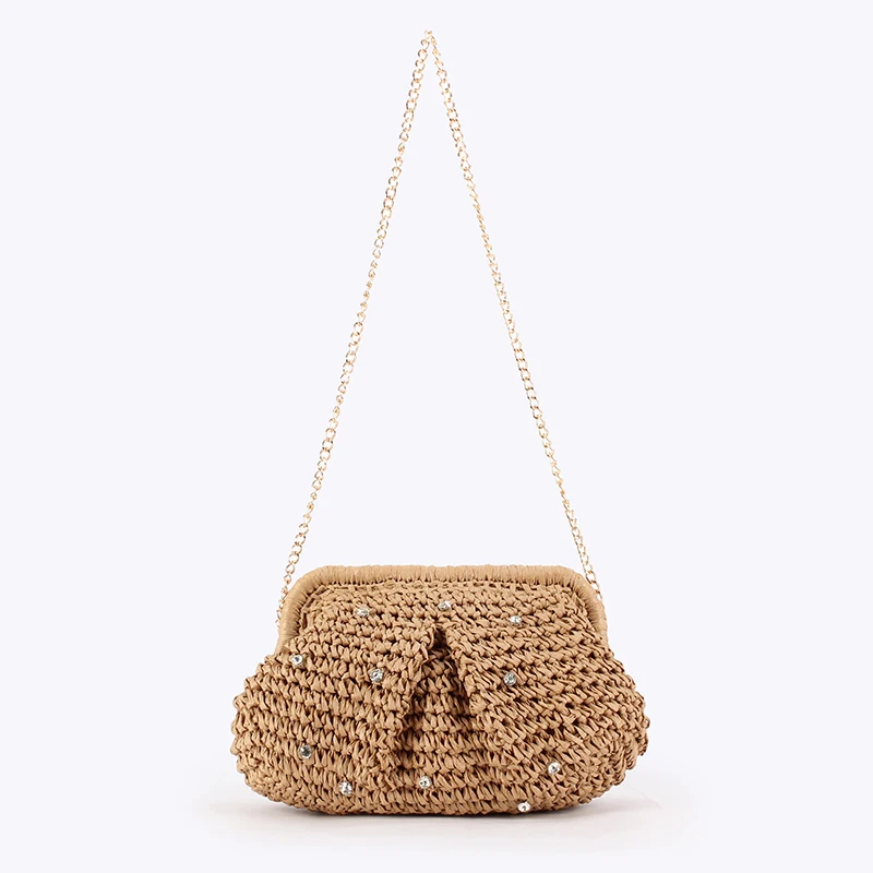 Strohgewebte Ketten-Umhängetasche, Damen-Clutch mit Strass-Verzierung und Verschlussrahmen, Leichte Sommer-Strandtasche für den Abend – Detail 2