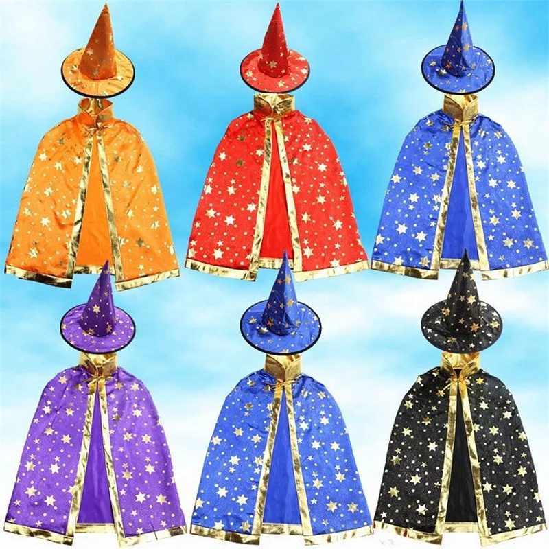 Children Cloak With Witch Hat Boys Girls Cosplay Costume Teens Black Purple Red Carnival Photography Props Kids Christmas Cape