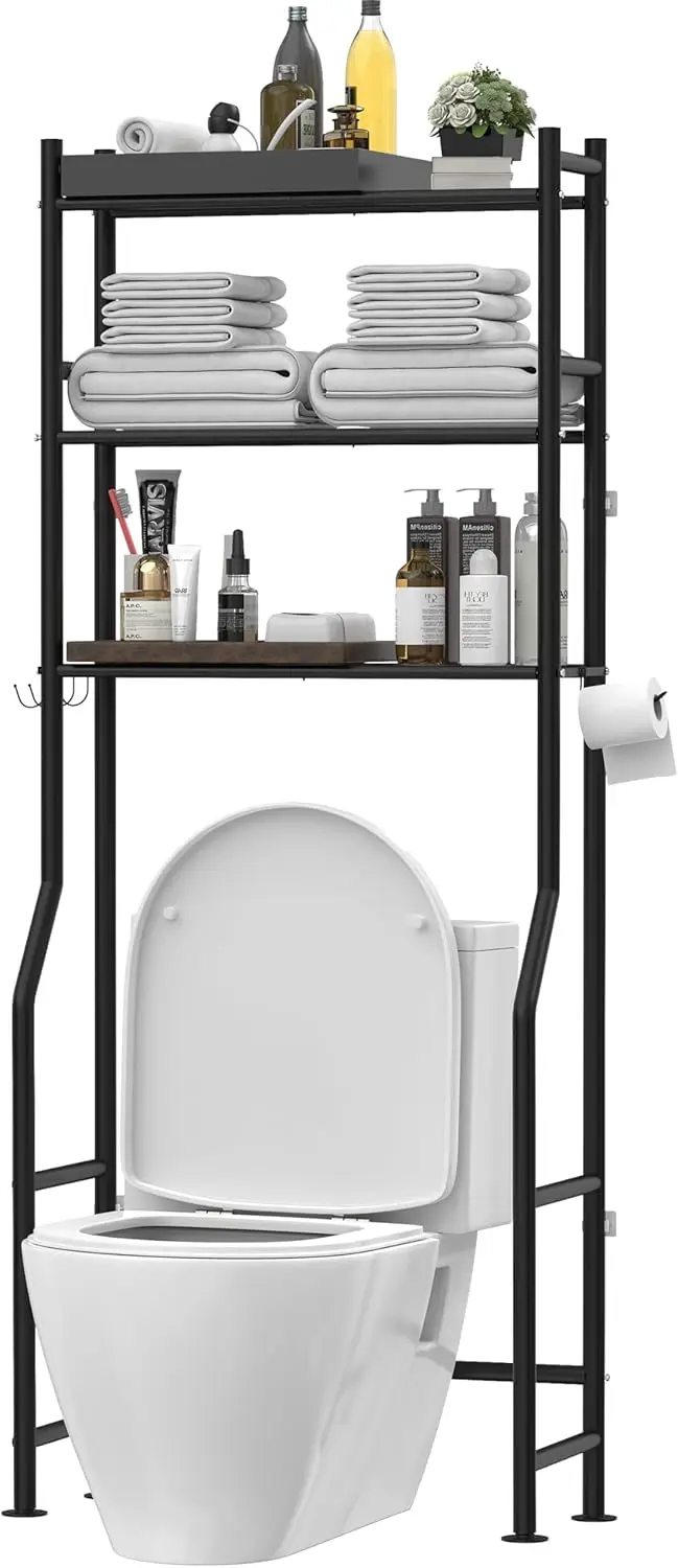 

3-Tier Over Toilet Storage Shelf with 4 Hooks and Paper Holder, Freestanding Metal Bathroom Organizer in Black
