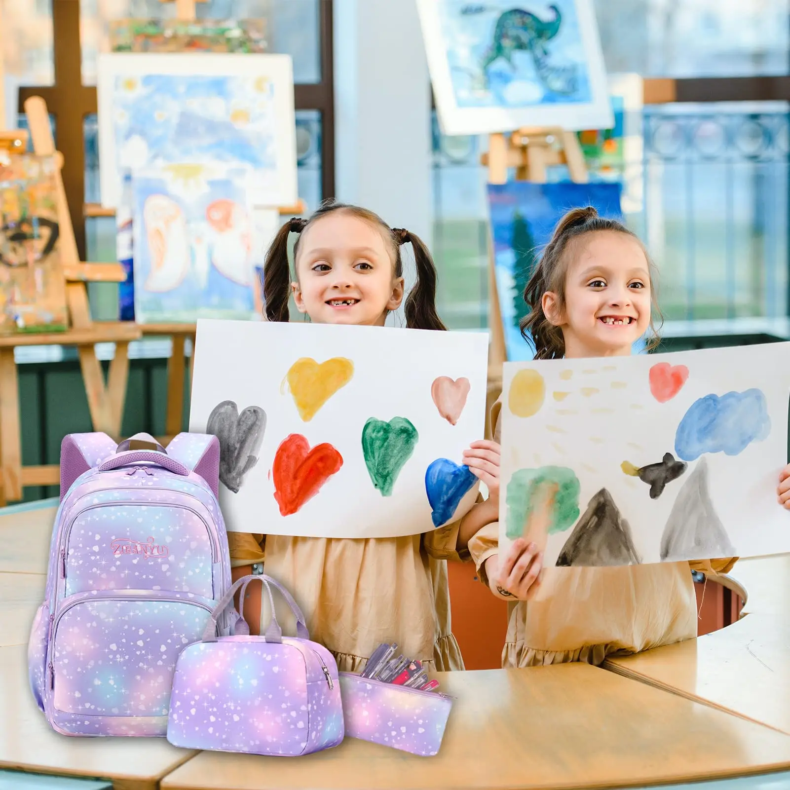 Sac à dos scolaire respirant pour filles, sac à lunch, trousse à crayons, sac d'école pour adolescentes de 3 à 9 ans, 22 litres, 3 pièces