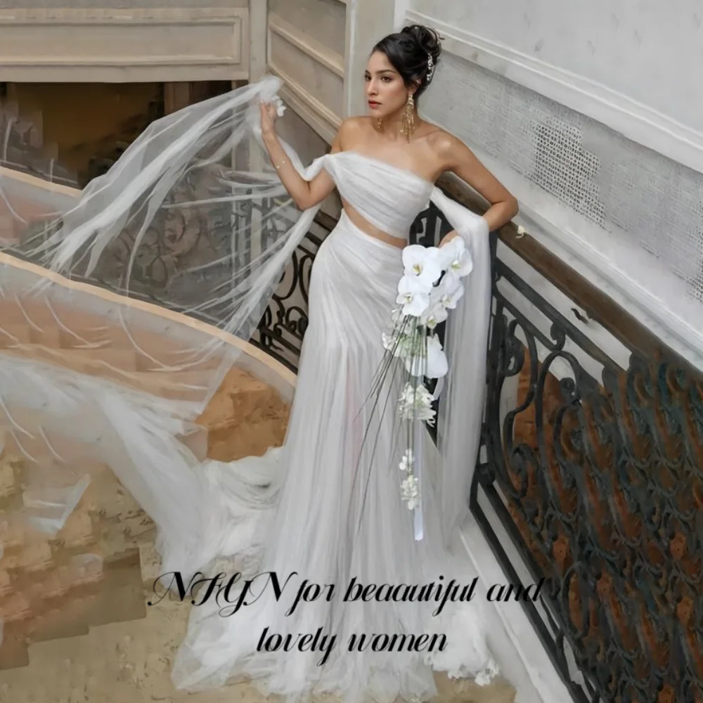 NFYN White Elegant Prom Dress Strapless Backless Prom Gown Side Split Trailing Wedding Dresses for Woman robe soirée Customized
