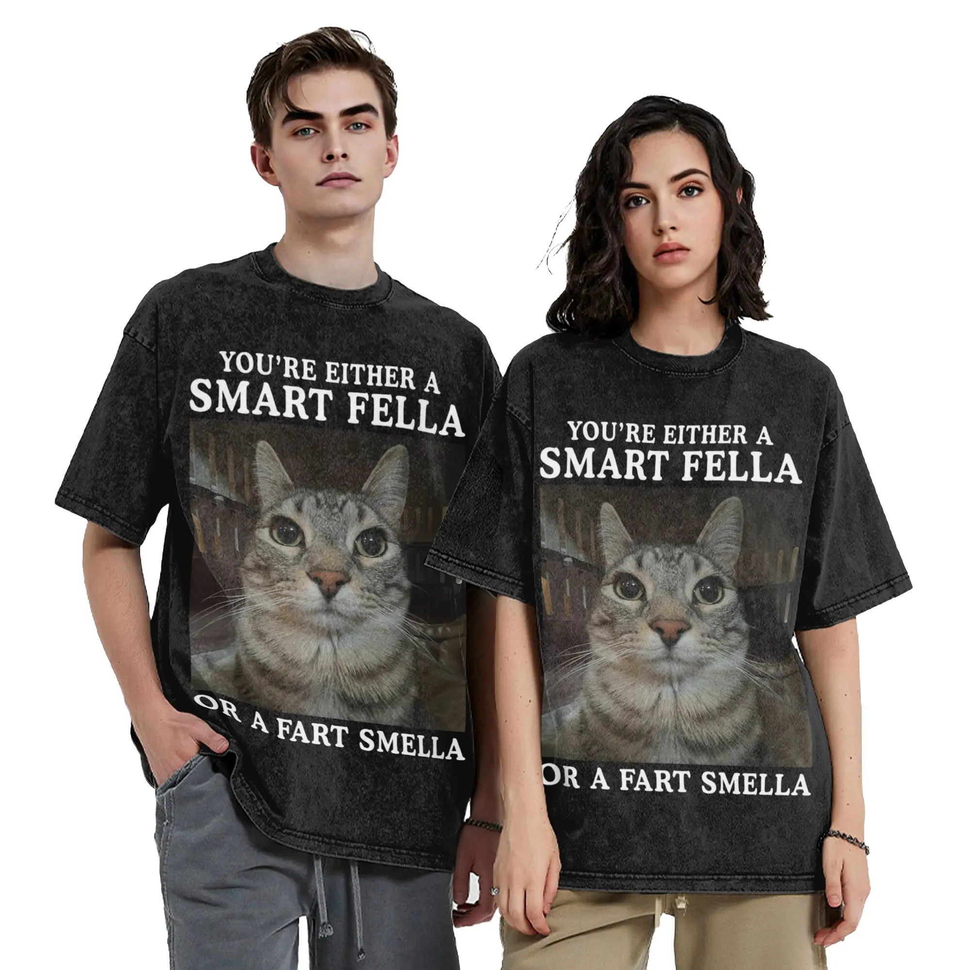 You're Either A Smart Fella Or A Fart Smella Cat Meme Washed T Shirt Streetwear Hip Hop T-Shirts Tee Shirt for Men Oversize