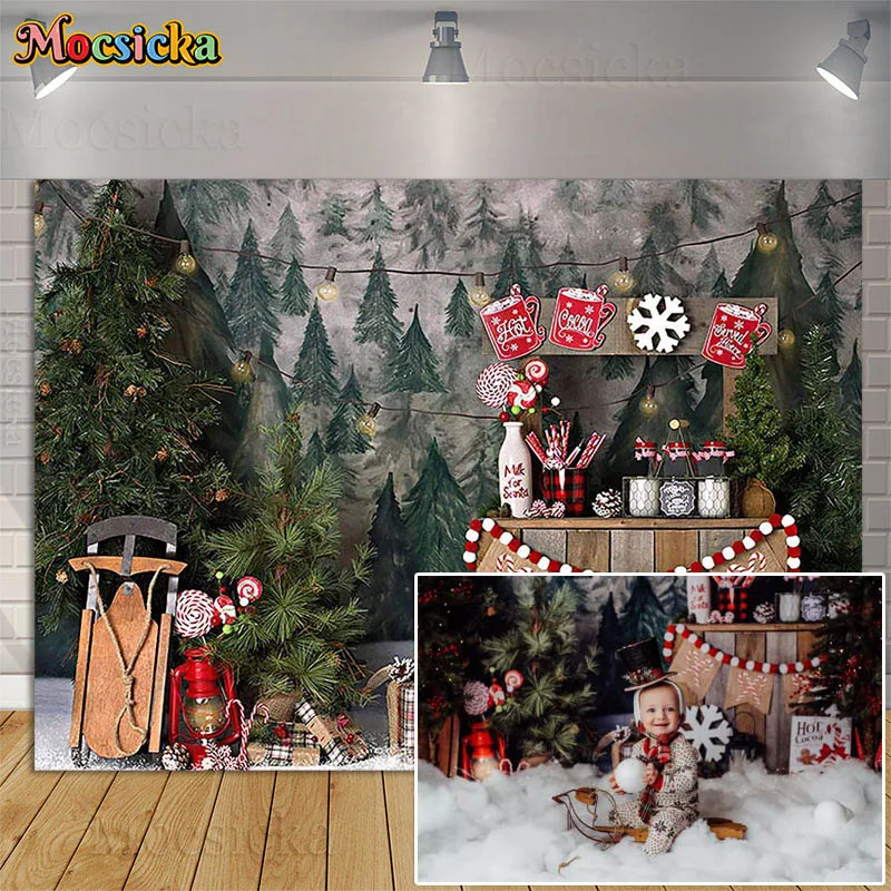 Christmas Hot Cocoa Photography Background Winter Snow Pine Tree Xmas Holiday Party Decor Kids Portrait Backdrops Photo Studio