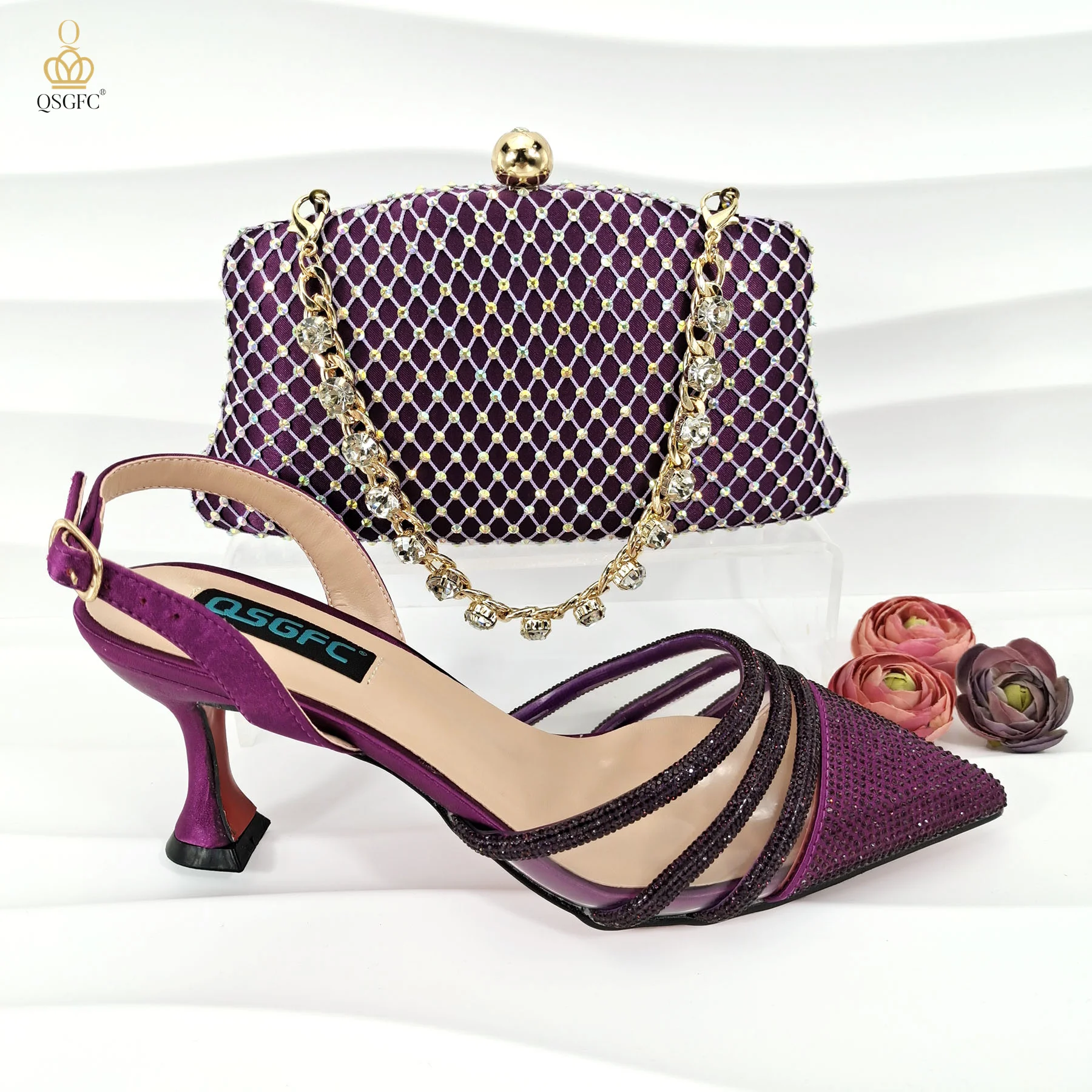 

Italian Design Purple Sandals Nigeria Wedding Party Versatile Shoes and Bag Set Rhinestone High Heels