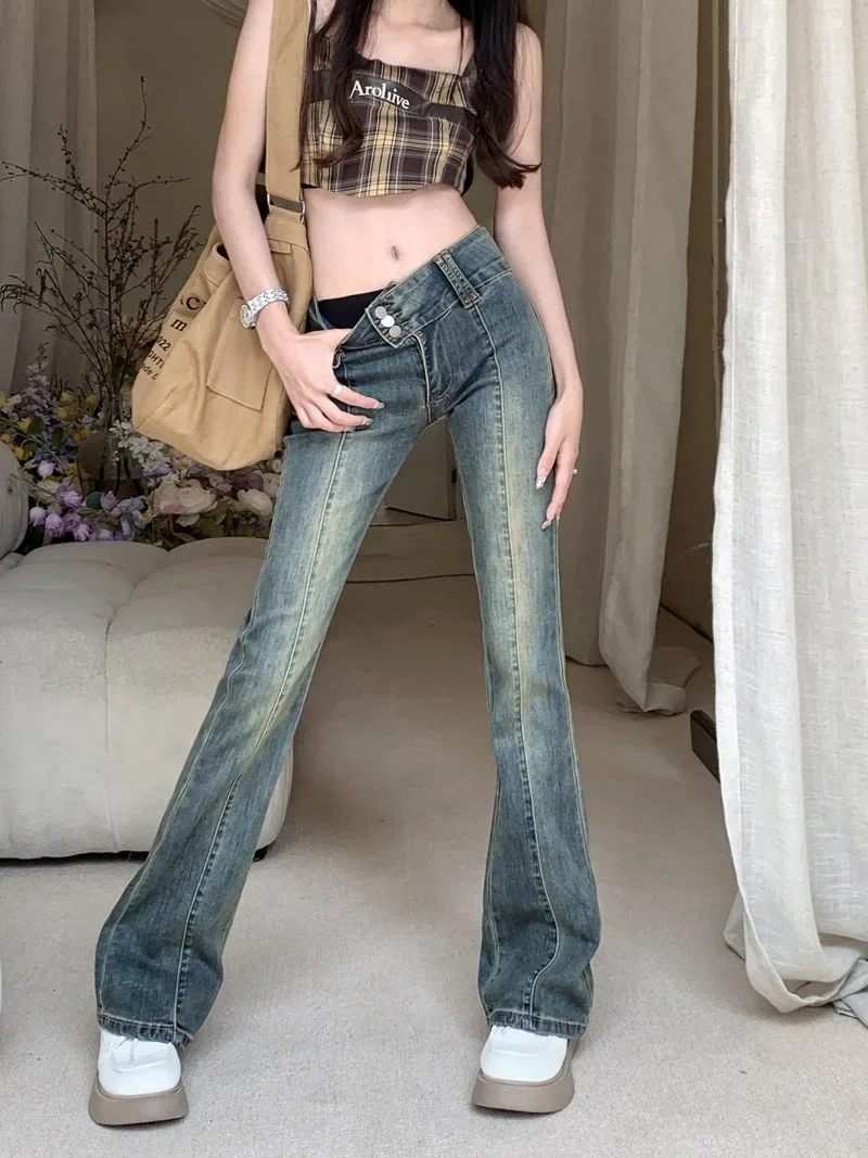 Vintage Y2k Brown Low Rise Denim Flare Pants Indie Aesthetic Long Baggy Trousers Women Harajuku Streetwear Striped Autumn 2023