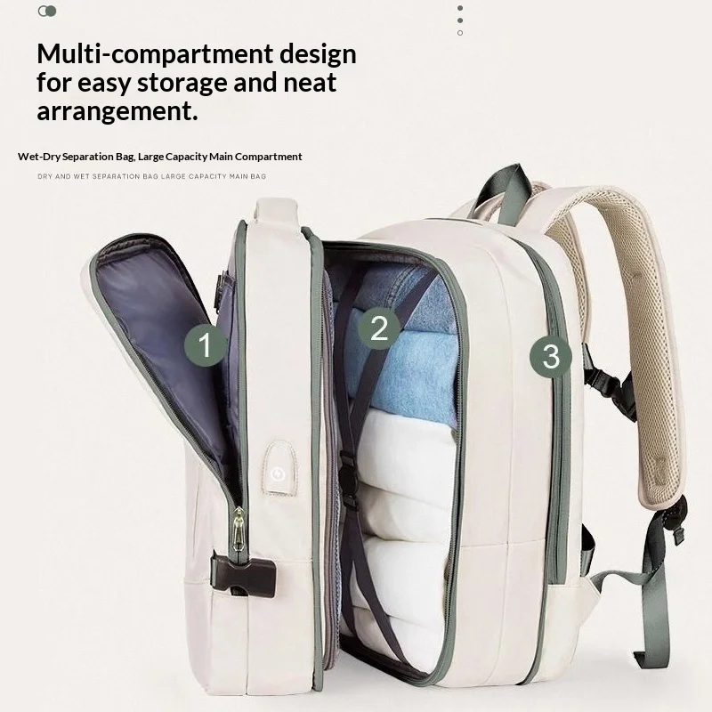 Expandable anti-theft backpack, cabin travel bag, weekend bag, expandable to 180°, multiple compartments for storage