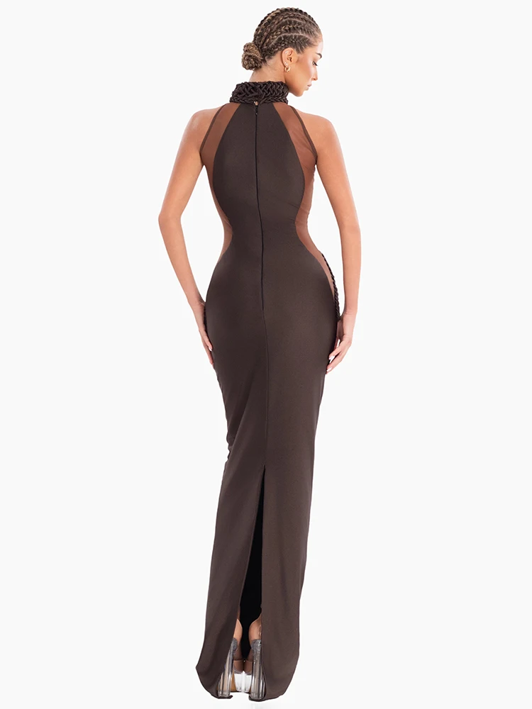 VC Chic Robe longue sans manches à panneaux en maille transparente marron avec détails tressés pour robe de soirée