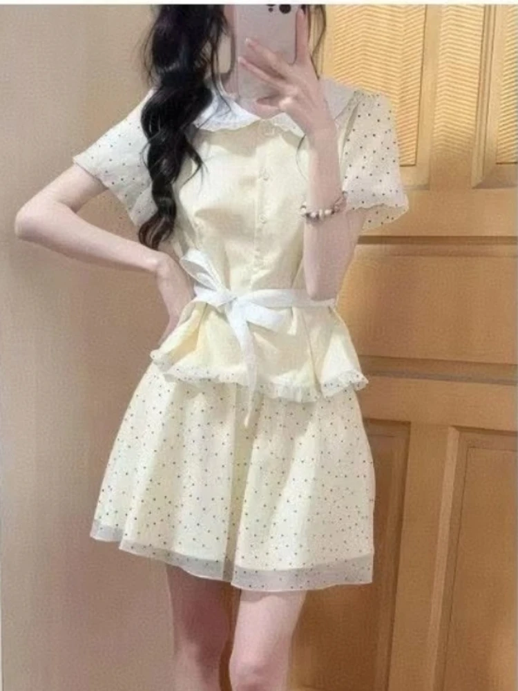 

Japanese Fashion Sweet Cute 2 Piece Set Women Polka Dot Patchwork Elegant Summer Suit Chic Short Sleeve Shirt + Mini Cake Skirt