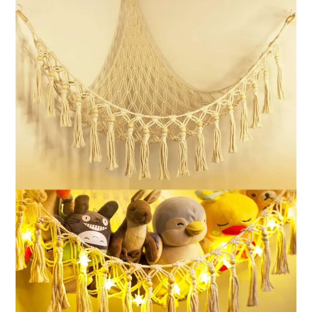 

Stuffed Animal Toy Storage Hammock with LED Light - Macrame Jumbo Doll Corner Stuff Animals Organizer Decorations