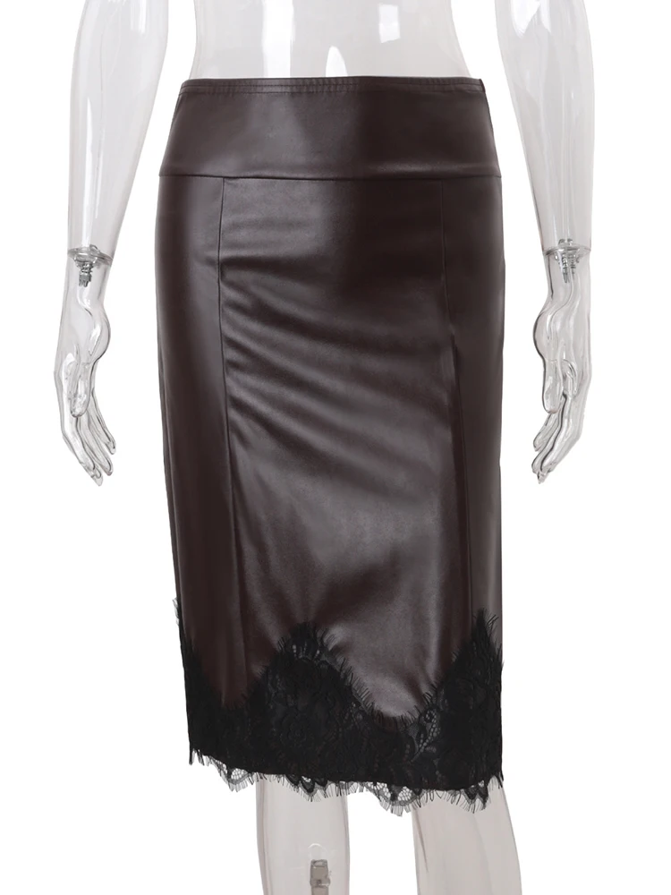 กระโปรงหนัง PU ลายปะติดปะต่อ แต่งลูกไม้ สีน้ำตาล เอวสูง กระโปรงสั้น ผู้หญิง ฤดูใบไม้ร่วง ฤดูหนาว ใหม่ สวยสง่า สำหรับงานปาร์ตี้ สตรีทแวร์ 2025