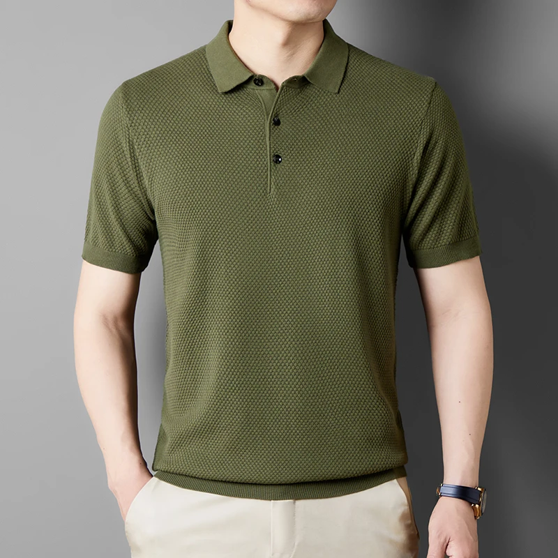 Ture 100% Cotton Men Knit Polos 2025 Summer Classic Turn Down Collar Knitwear Male Breathable Tops Short Sleeve  Knit T-shirt