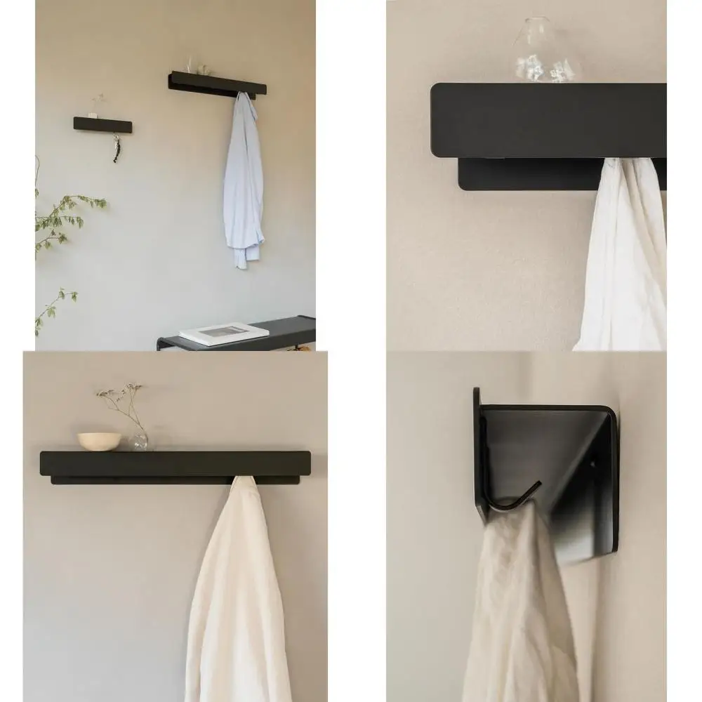 

Modern Wall-Mounted Coat Rack with Concealed Hooks and Shelf | Heavy Duty Metal Entryway Hanger | Black