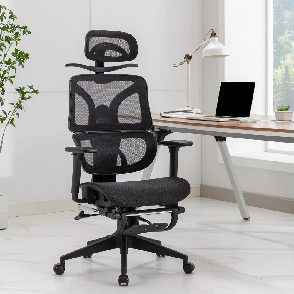 كرسي مكتب شبكي مريح عالي الظهر مع مسند قدم قابل للسحب، ودعم قطني قابل للتعديل، وآلية إمالة، وضبط ثلاثي الأبعاد