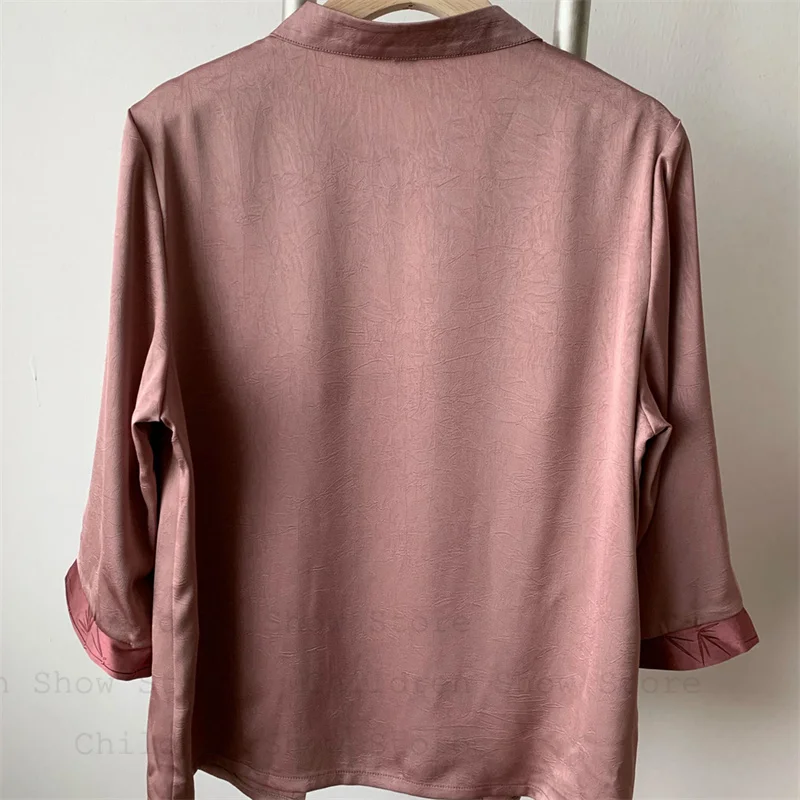 オーバーサイズ 3Xl 4Xl 5Xl 韓服唐服伝統スタンドカラーシャツママの女性絹のようなブラウスルーズチャイナトップ韓服