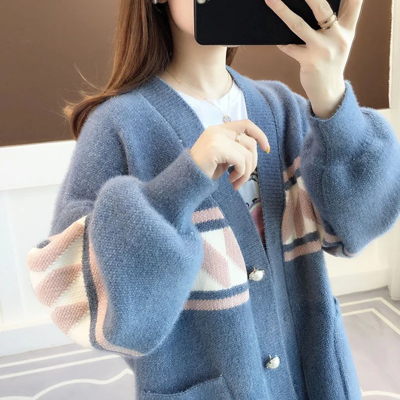 2024 Printed Lantern Sleeve Knit Cardigan Women Oversize Single Breasted Cardigan Coat Woman Korean V Neck Sweater Cardigans