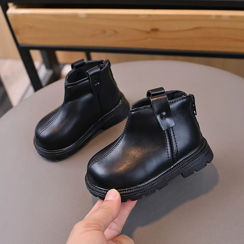 British Style Toddler Boots Fashion Zipper Non-Slip Girls Ankle Boots Leather Solid Color Boys Casual Shoes Student Short Boots