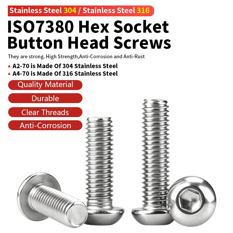 304 316 Stainless Steel Fastener Hardware ISO7380 M3 M4M5M6M8M10 Allen Button Head Screw Hexagon Socket Round Head Machine Screw