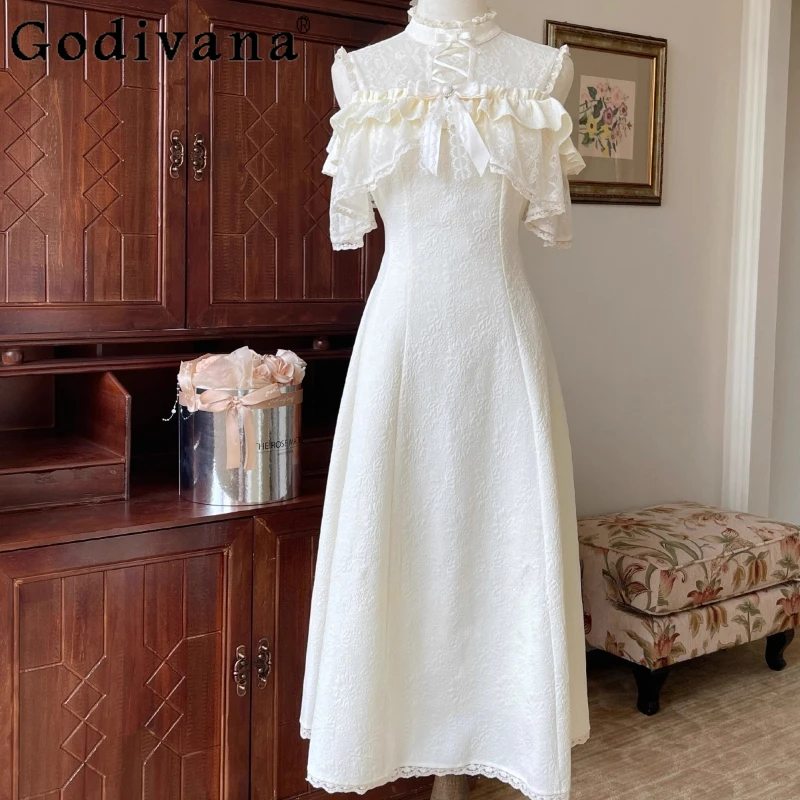 Vestido elegante estilo japonês para mulheres, ombro de fora, gravata transparente, longo, lolita, verão, laço, vestido de princesa