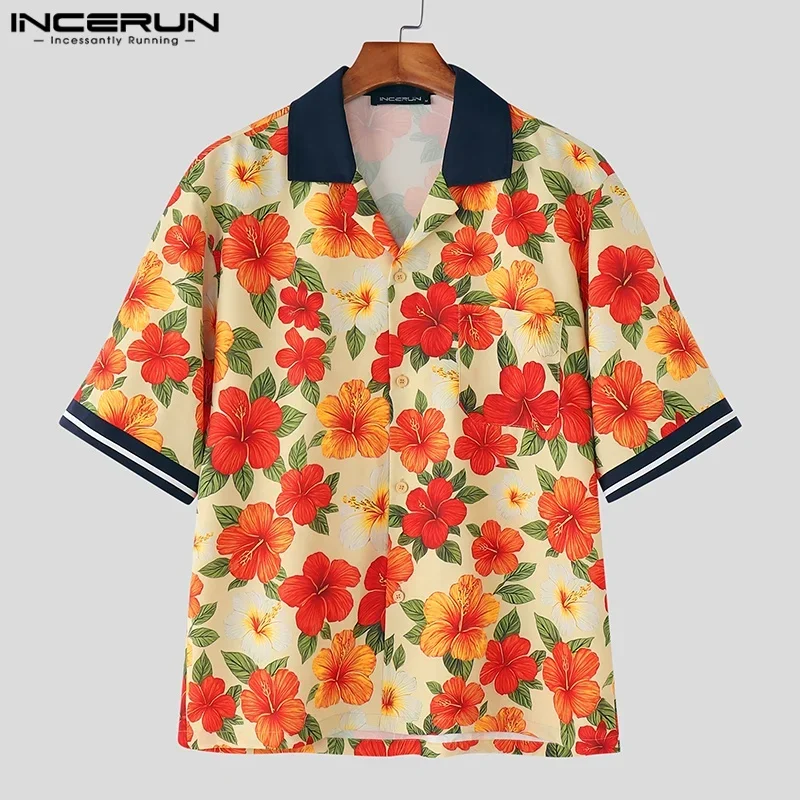 

INCERUN модные мужские рубашки топы с цветочным принтом футболка с короткими рукавами и лацканами уличная мужская одежда мужские Blusas топы оверсайз S-5XL