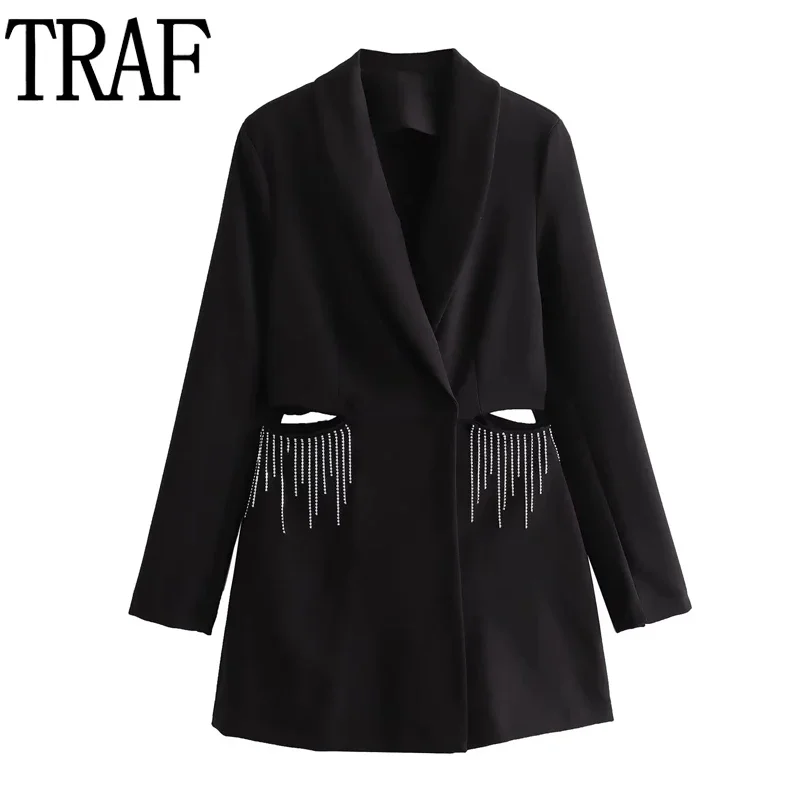 

TRAF Woman Short Playsuit Cut Out Black Jumpsuit Women Rhinestone Tassels Elegant Jumpsuits Office Long Sleeve Woman's Playsuit