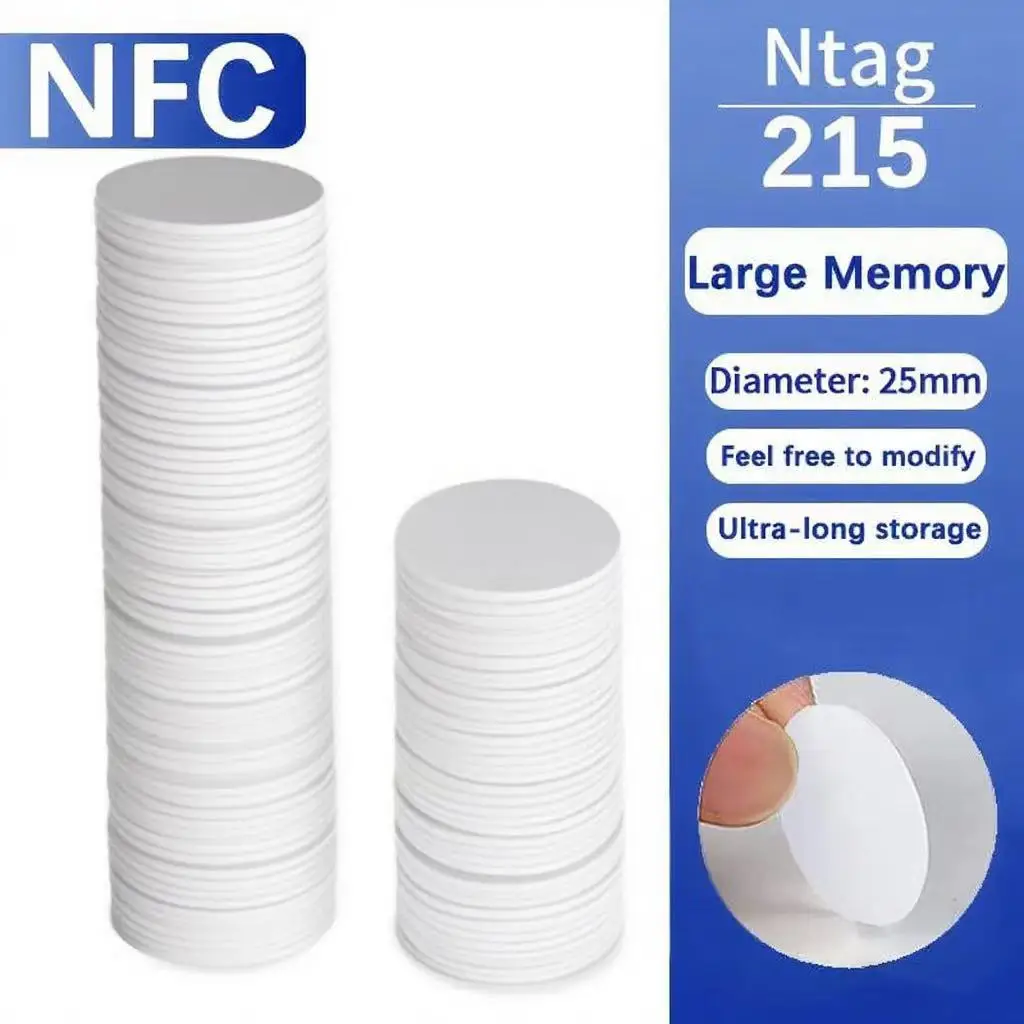 20 قطعة/50 قطعة 13.56 ميجا هرتز Ntag215 عملات بطاقات 504 بايت ISO/IEC 14443 A 25 مللي متر مقاوم للماء PVC Ntag 215 NFC العلامة
