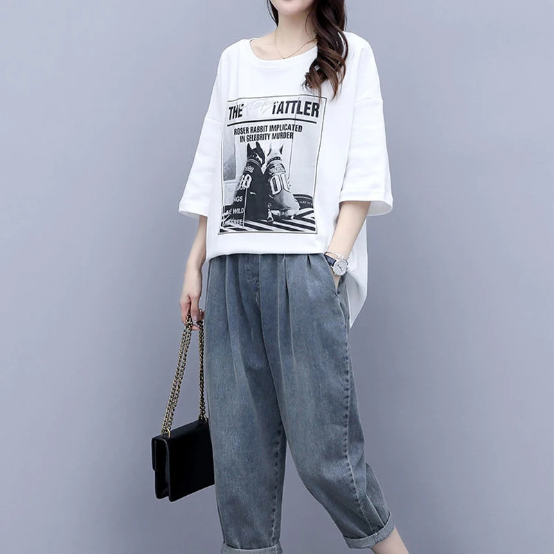 Summer New Korean Edition Large Women\'s Set 3/4 Sleeve Loose T-shirt+Casual Wide Leg Jeans Pants Western Two Piece Set for Women