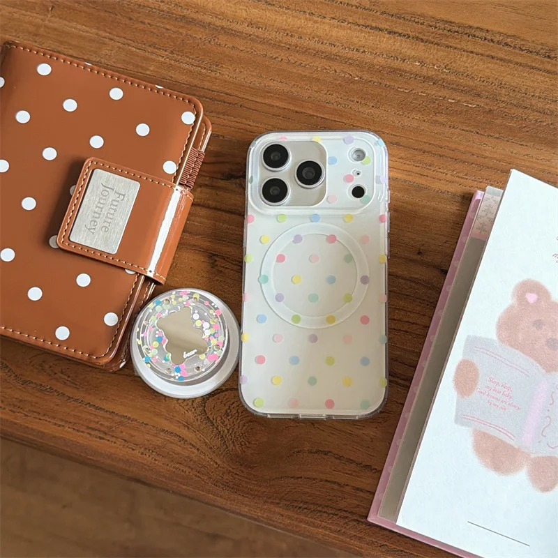 

Pastel Rainbow Polka Dot Magnetic Phone Case With Bear Mirror Anti-scratch Shockproof Cover For iPhone 17 16 15 14 Pro Max