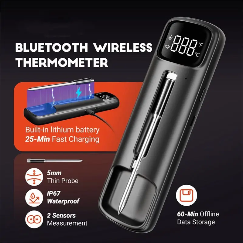 CMHI-Wireless Dual-Sensor Bluetooth Meat Thermometer For BBQ Smoker IP67 Waterproof 28 Preset Temperature Readings