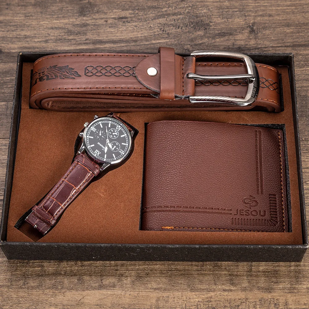 3pcs/set Men\'s Gift Set Beautifully Packaged Watch Brown Leather Belt Wallet Suit Gift Set for Men Boyfriend Dad Drop Shipping