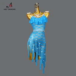 Latin Dance Fringe Dress Blue Lace Professional Women's Sport Competition Costume Sexy Ballroom Skirt Large Size Clothes Cabaret