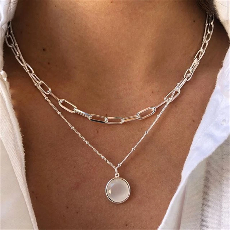 

Simple Double Layer Chain Necklace for Women Exaggerated Chunky Round Pendant Fashion Stacking Choker Necklaces Party Jewelry