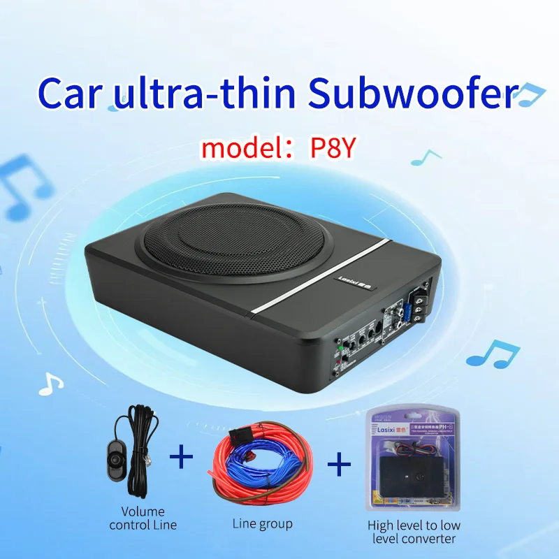 P8Y 12V 8-inch Under Seat Active Car Subwoofer with 160W Amplifier, Aluminum Housing for Superior Bass & Installation Cables