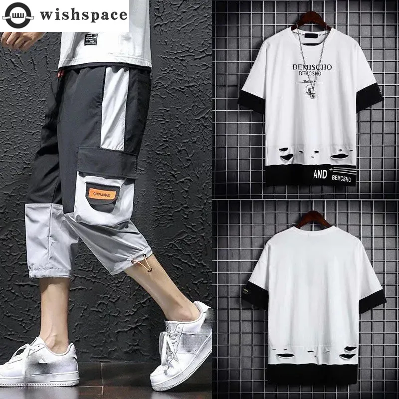 

Summer Trend Pants Suit Personalized Short Sleeve T-shirt Pocket Casual Capri Two-piece Set Outdoor Men's sports Suit Tracksuit