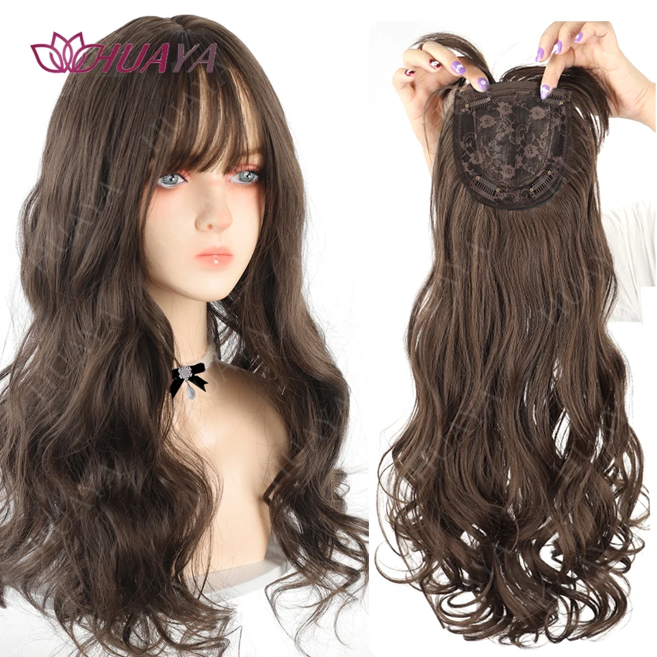 

Synthetic 3 Clips In Topper Long Wavy Hairpiece Black Brown Women Fake Hair Clip In Hair Extensions With Bangs Fake Hairpiere