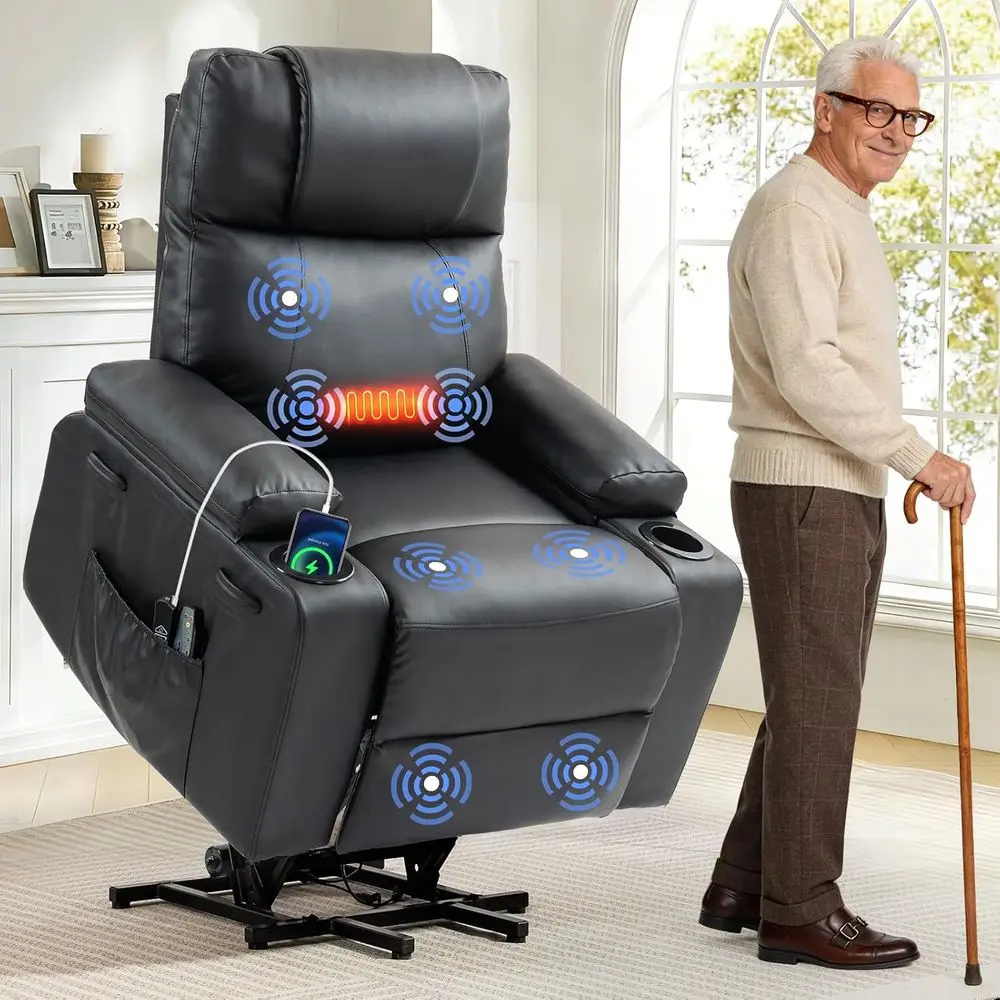 

Elderly-Friendly Electric Recliner with Massage, Heat, PU Leather, USB Port, 160° Recline, Stand Assist, Remote, Cup Holders (Bl