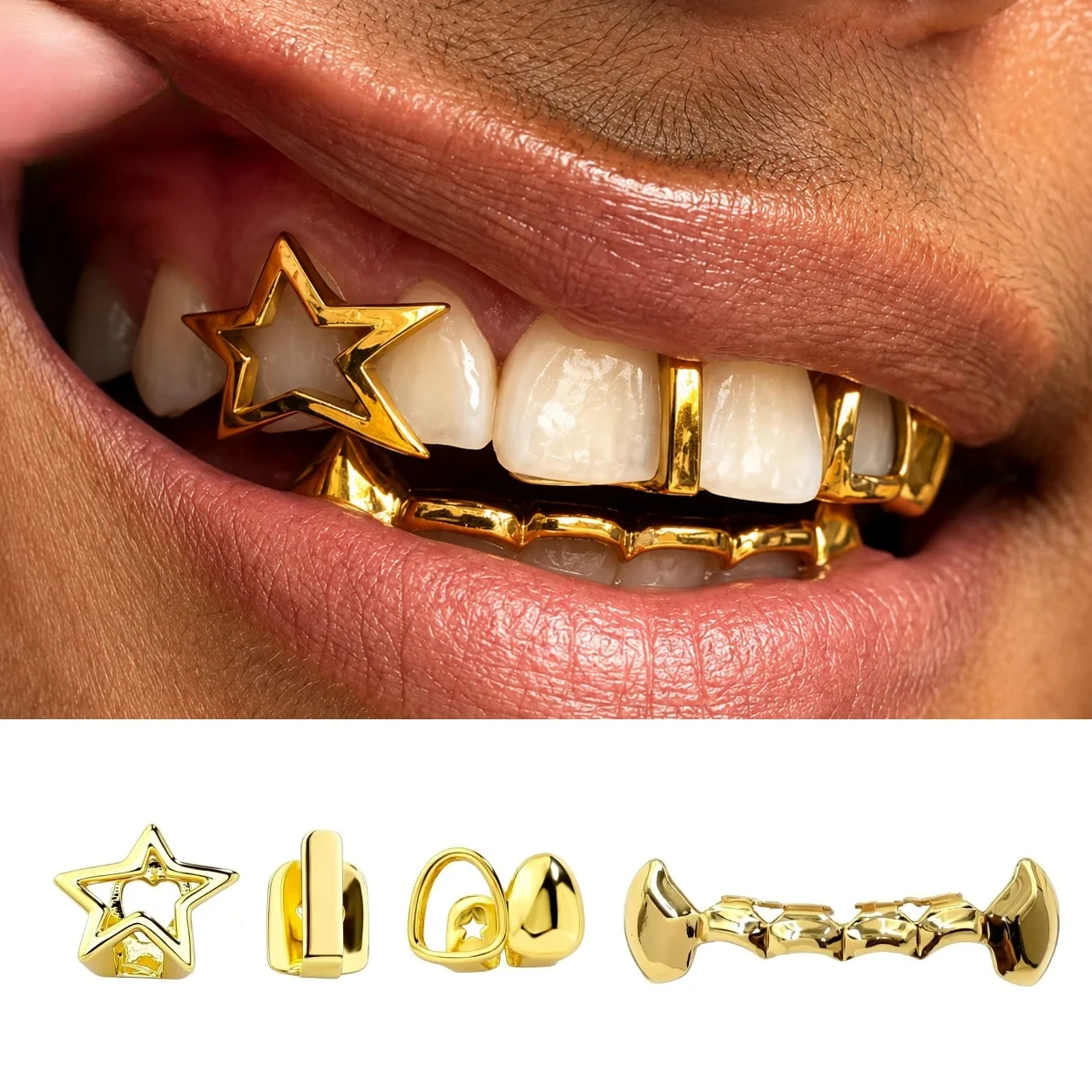 4Pcs Gold Plated Grillz Set Hip Hop Rapper Accessories Hollow Star Open Face Single Tooth Jewelry for Men & Women
