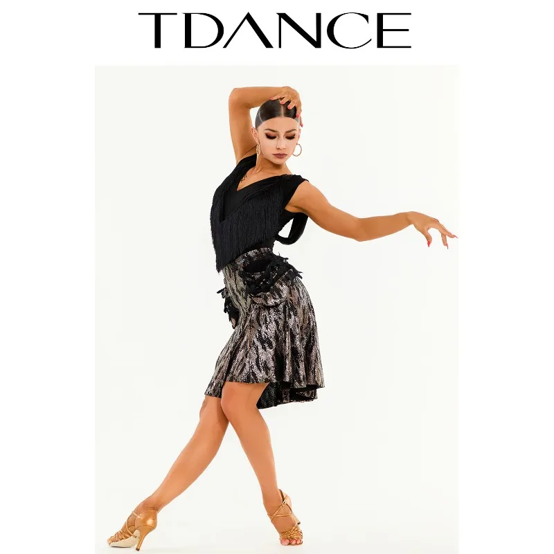 Gonna per esercizi latini TDANCE personalizzata [Mezza gonna con nastro di giunzione cava in vita] con pantaloni inferiori Grande altalena per donna adulta GL-63