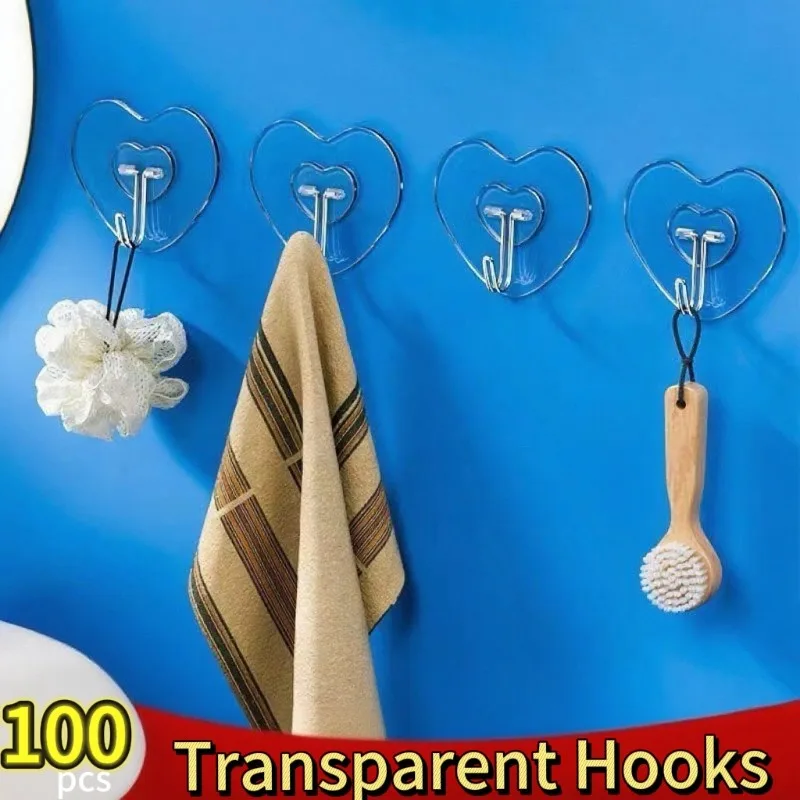 Herzförmige transparente Haken, nicht stanzend, Kunststoff, Liebes-Kleiderbügel, Halter, selbstklebend, für Schlüssel, Handtuch, Mehrzweck-Haken, Aufbewahrungsregal