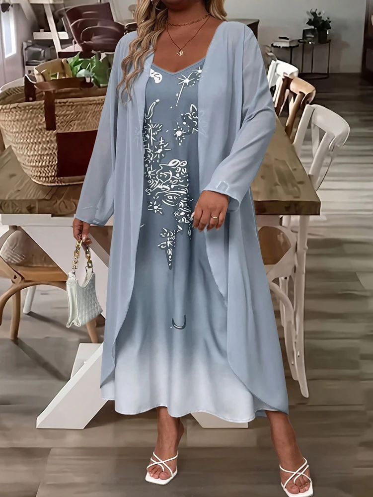 

Плюс размер 2025: весна и осень, новая мода, элегантное кружевное шифоновое платье, состоящее из двух частей, полиэстер, элегантное